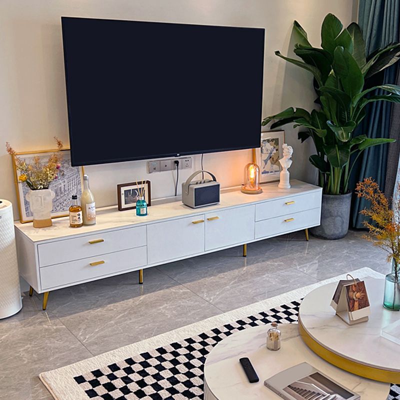 Glam Stone TV Media Console White TV Stand with 4 Drawers and 2 Doors