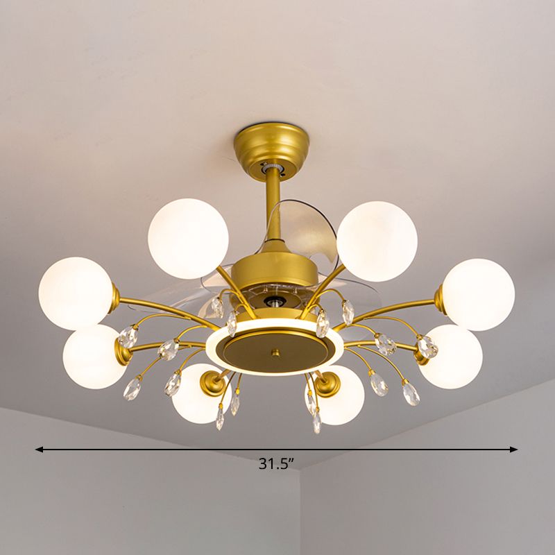 3 Blades Ball Woonkamer Hangers Fan Licht Wit Glas Postmoderne afstandsbediening Semi -spoellicht met K9 -kristallen