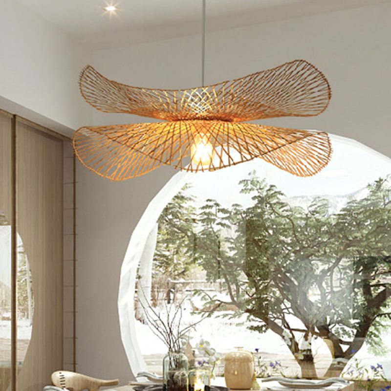 Single Hallway Ceiling Suspension Lamp Minimalist Wood Pendant with Ruffle Bamboo Shade