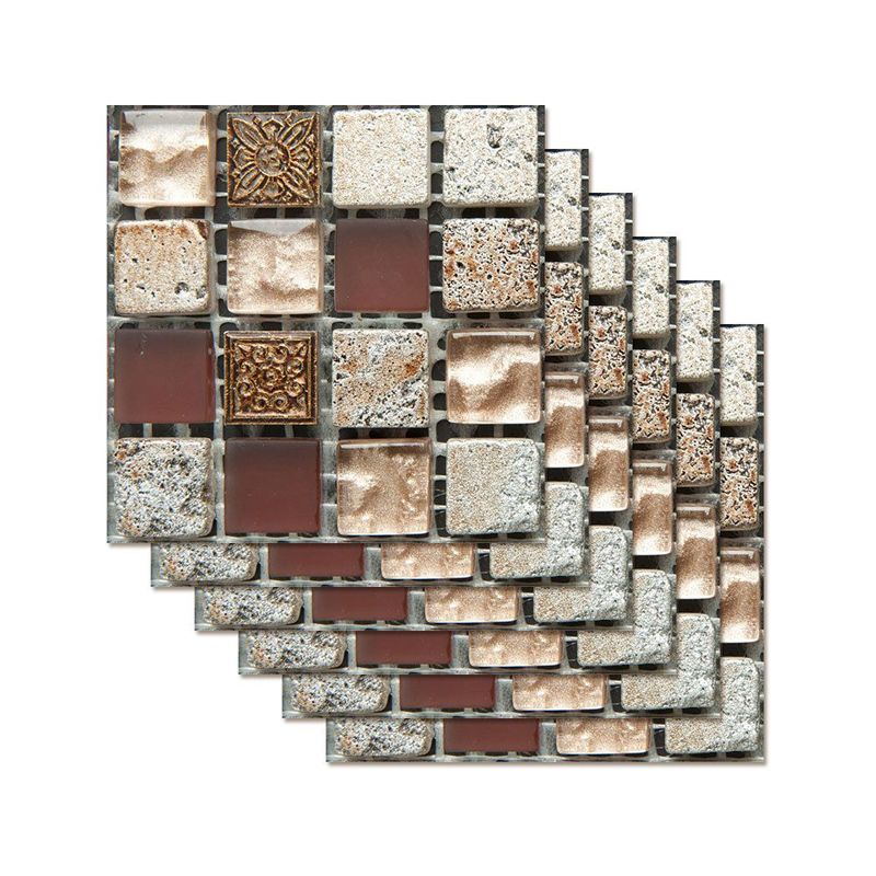 Red Brown Mosaics Tile Wallpaper Panel Self-Adhesive Wall Art for Bathroom (12 Pieces)