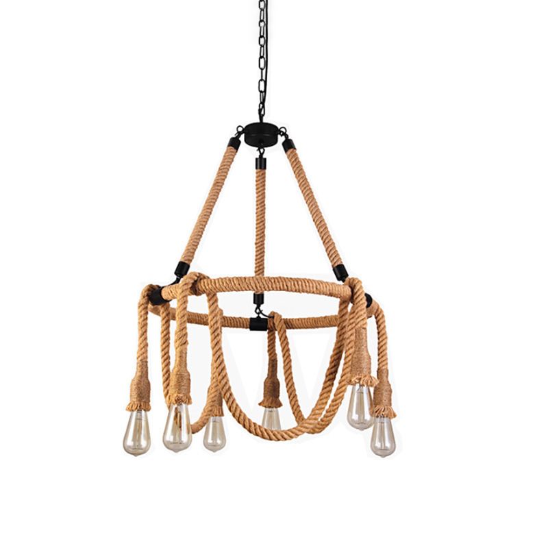 Industrial Chandelier Bare Bulb Manila Rope Vintage Room Light Shop Light