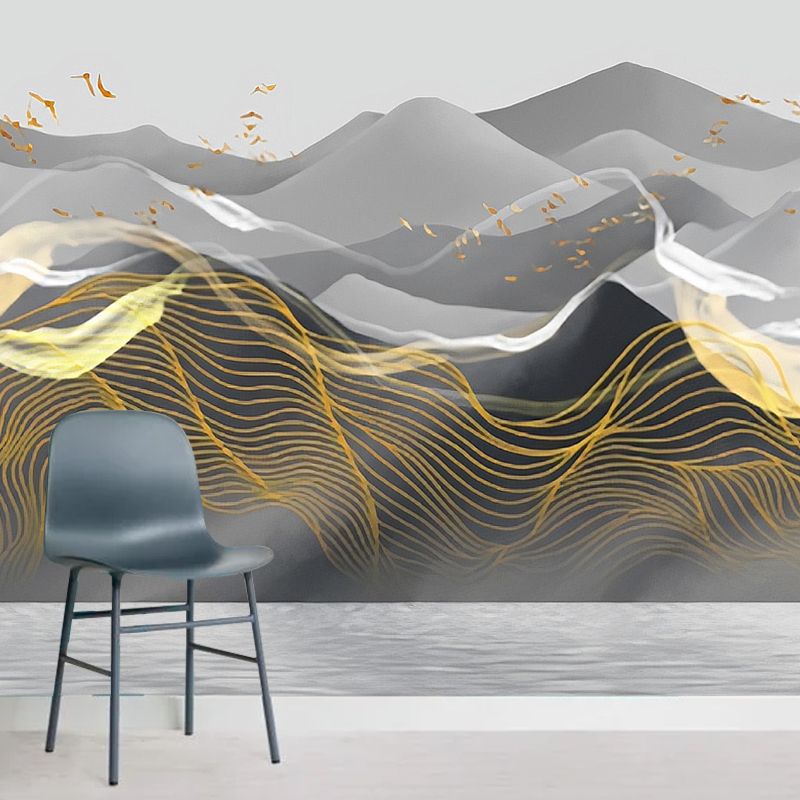 Mountain Mural Wallpaper in Pastel Grey, Vintage Wall Covering for Accent Wall