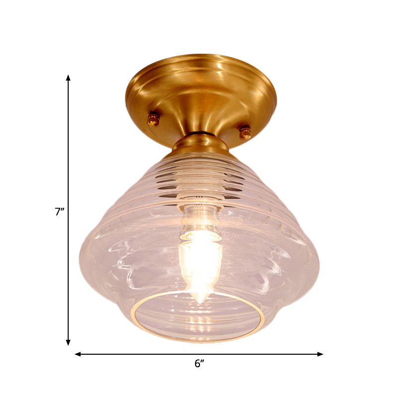 Clear Prismatic Glass Dome/Cone/Barn Ceiling Lighting Colonial 1 Head Porch Flush Mount Light Fixture in Brass, 6"/7.5"/11" W