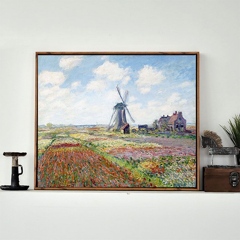 Windmill and Blossom Field Canvas Wall Art Traditional Textured Painting in Blue