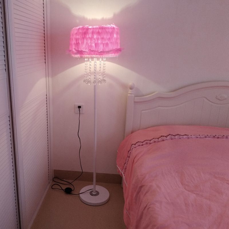 Apricot/White/Pink Lotus Floor Light Novelty Nordic 1 Bulb Feather Stand Up Lamp with Crystal Orbs