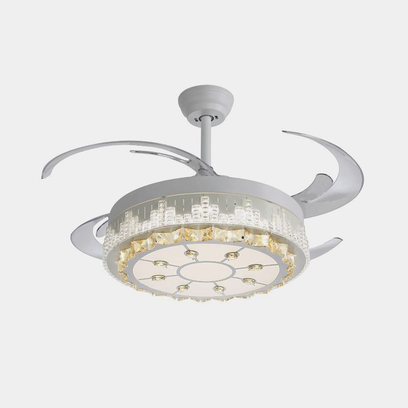 4 Blades LED Pendant Fan Lamp Contemporary Circular Clear Crystal Blocks Semi Flush Mount, 19" Width