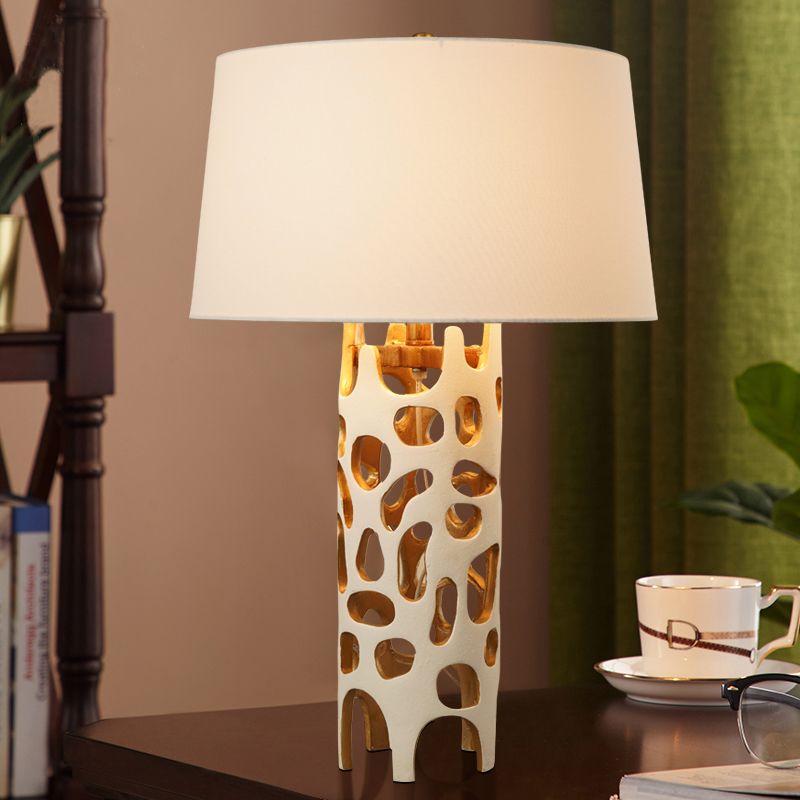 Tapered Drum Fabric Night Lighting Modern Stylish 1 Head White Table Lamp with Cutouts Resin Base