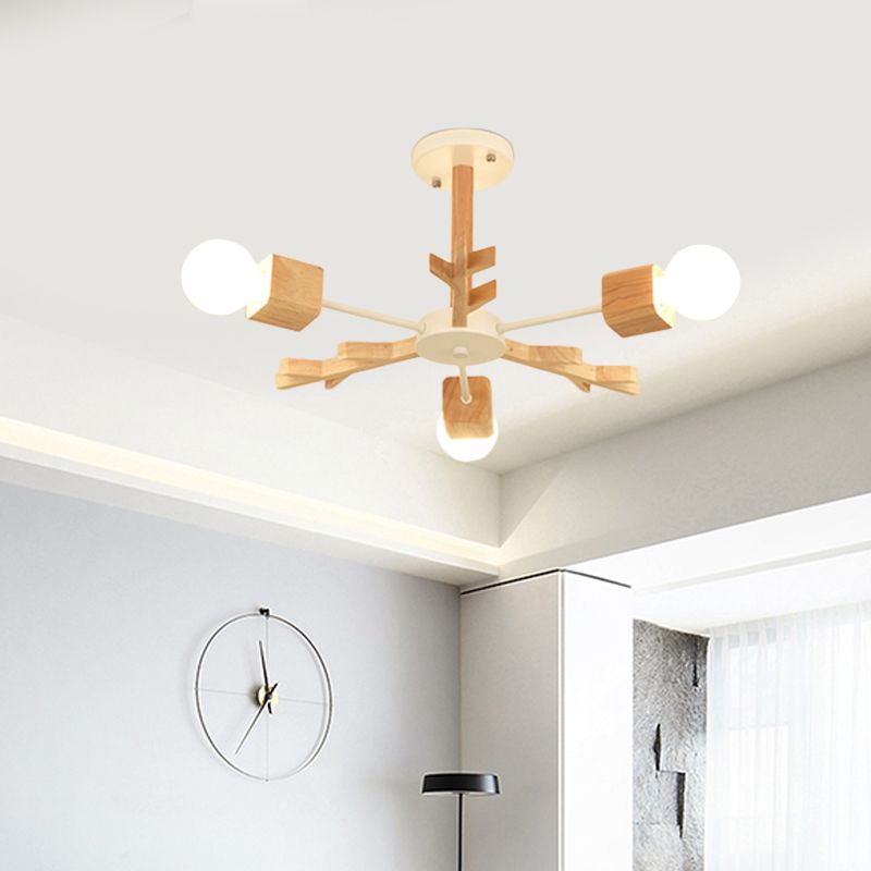 Nordic Starburst Semi Flush Light Wood 3/6 Heads Living Room Ceiling Mount Chandelier with Exposed Bulb Design