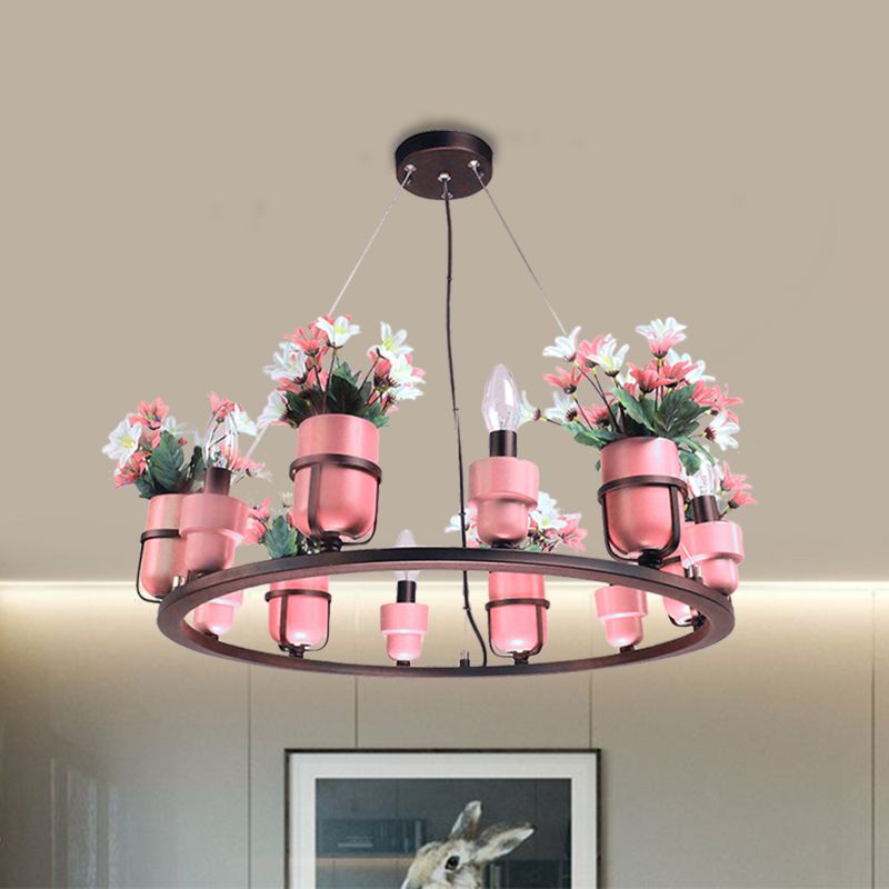 6 Bulbs Metal Chandelier Industrial Pink/Blue Circular Pendant Light Kit with Candle Design