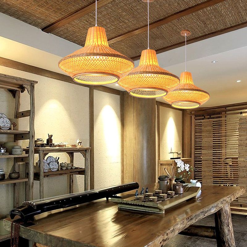 1 Head Teahouse Suspension Pendant Contemporary Wood Hanging Ceiling Light with Jar Bamboo Shade