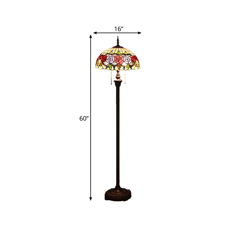 Rose Floor Standing Lamp Victorian Stained Glass 2 Heads Green Reading Floor Lighting with Dome Shade