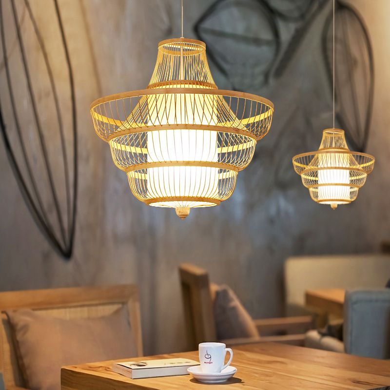 Bamboo Hot Pot-Shaped Pendant Light Contemporary Single-Bulb Suspension Light Fixture