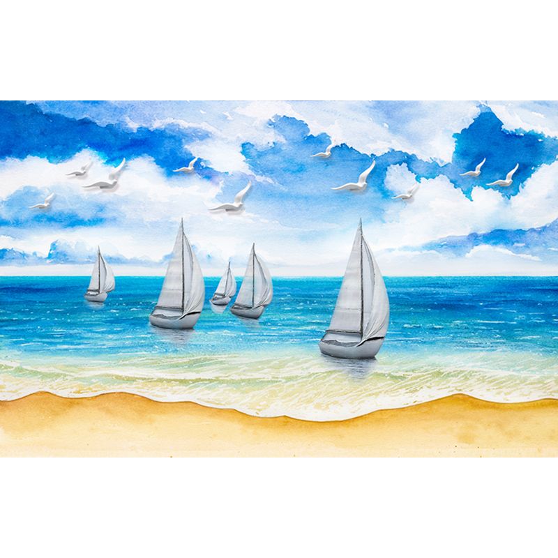 Whole Tropics Wall Paper Murals Blue and White Sailboat on Seashore Painting Wall Art, Custom-Made