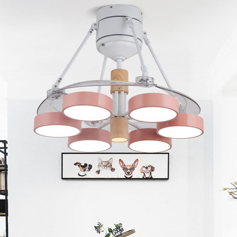 Simplicity Drum Pendant Fan Light Metallic 6-Head 48" W Drawing Room Close to Ceiling Lamp with 4 Clear Blades in Black/White/Pink