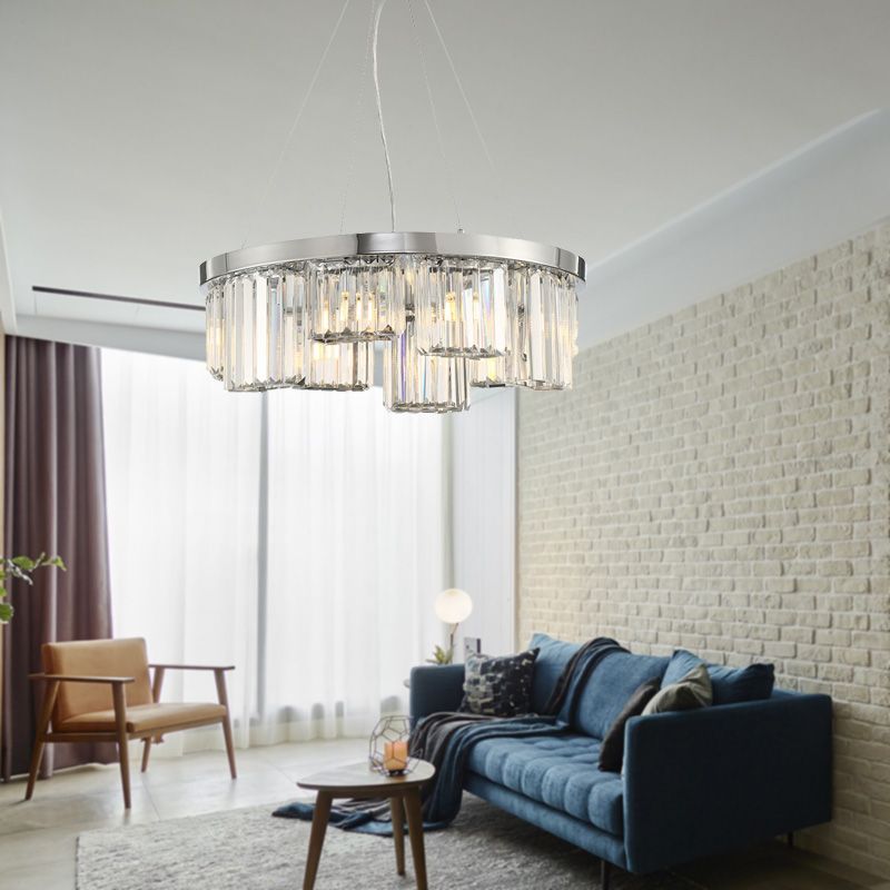 Chrome Cylinder Ceiling Chandelier Simple 10 Lights Rectangular-Cut Crystal Hanging Lamp kit