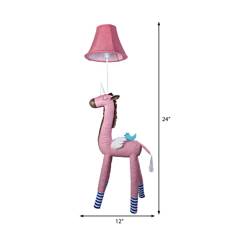 Bell Fabric Shade Standing Lamp Kids 1 Head Pink/White Floor Light with Unicorn Decoration for Children Room