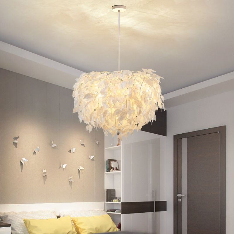 Fabric Leaf Chandelier Pendant Light Modernism 4-Head Hanging Lamp Kit in White for Bedroom