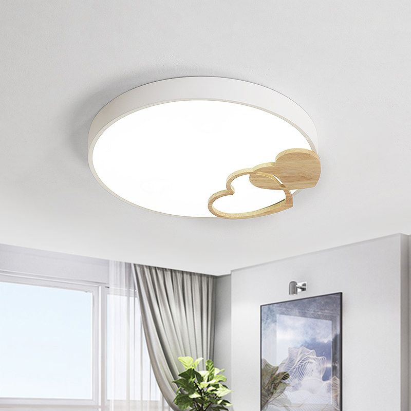 Acrylic Rounded Flush Mount Fixture Nordic Green/White/Grey Ceiling Light with Wood Loving Heart Pattern