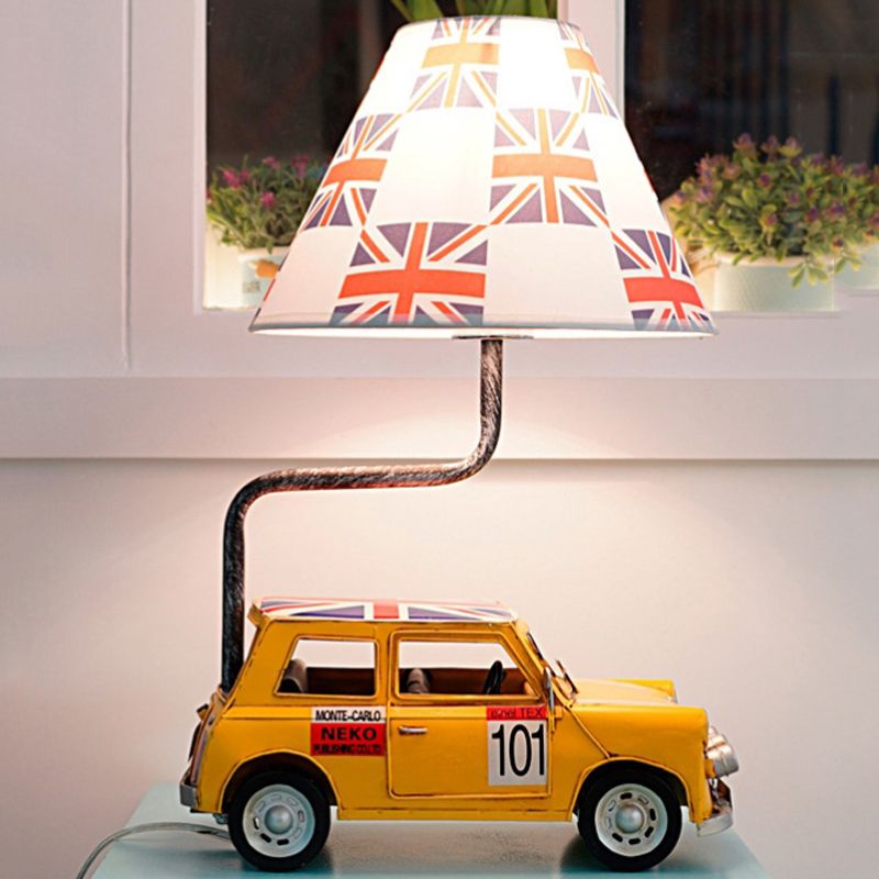 Kids Jeep Car Iron Nightstand Lamp 1 Head Table Light in Yellow/Blue with Cross Fabric Empire Shade