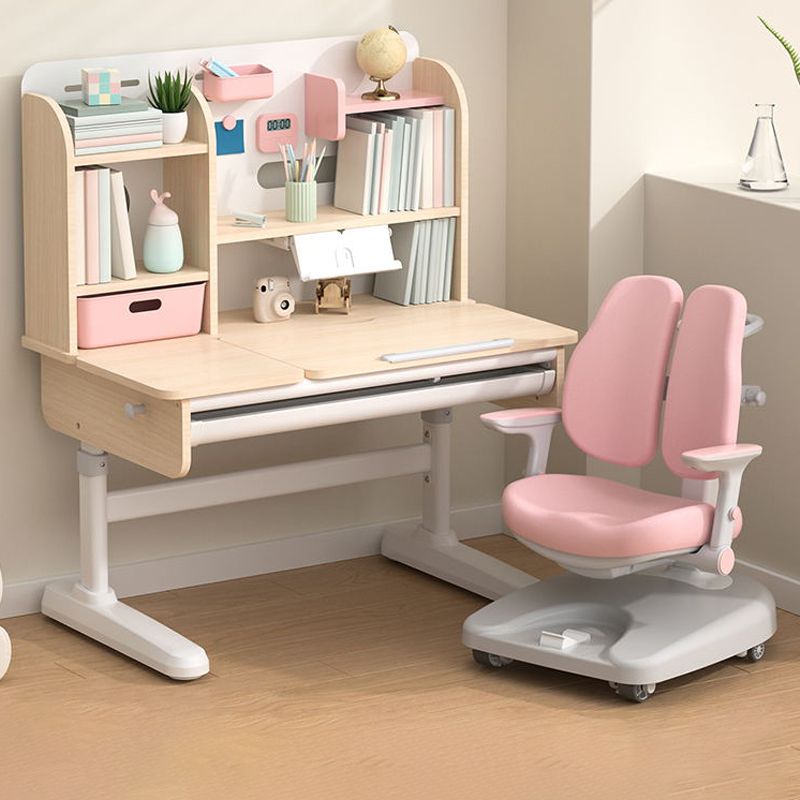 Adjustable Writing Desk Rubber Wood Table and Chair Set Kids Desk with Storage Shelves