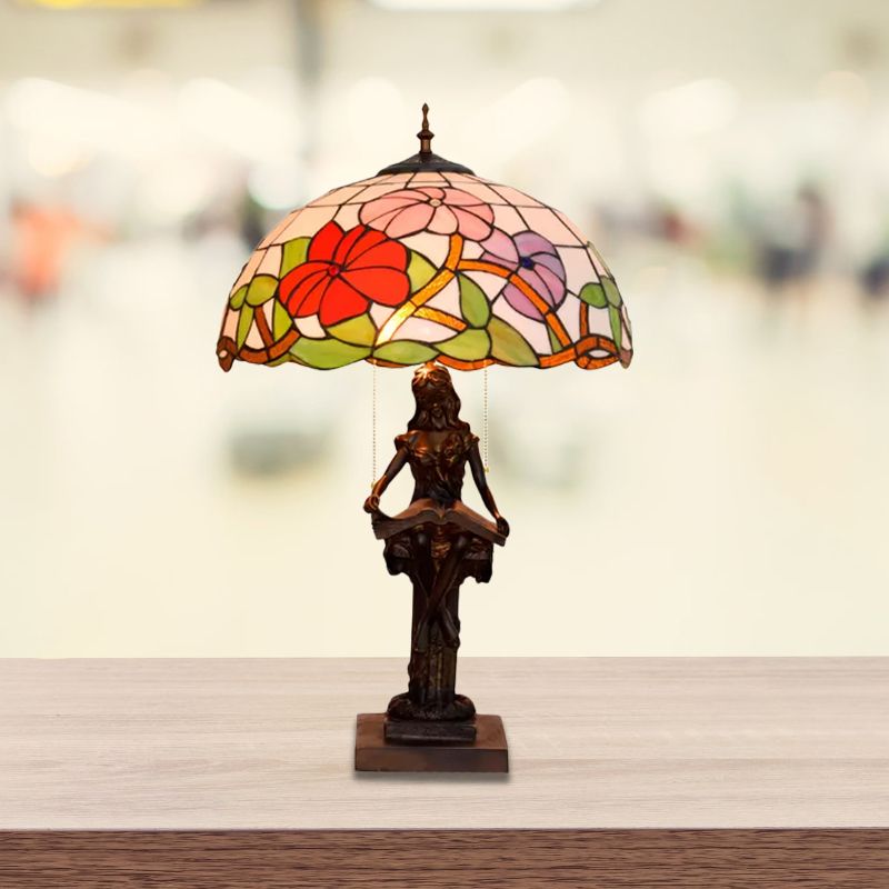 Little Girl Reading Book Table Lamp 2 Lights Resin Baroque Pull-Chain Nightstand Light with Sunflower Red/Orange Glass Shade