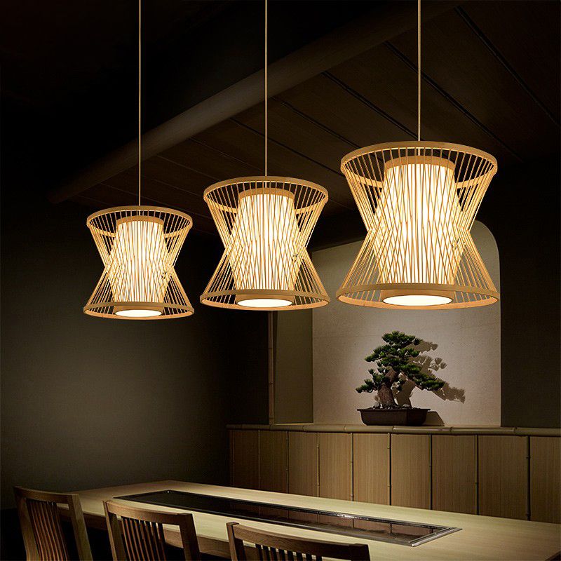 Accensione a ciondolo a ciondolo a gabbia simmetrica Nordic Bamboo 1 Bulbo Beige Pendulum Light for Restaurant