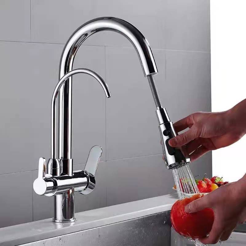 Contemporary Pull down Kitchen Faucet Double Handle High Arch 2-Function Water Filler