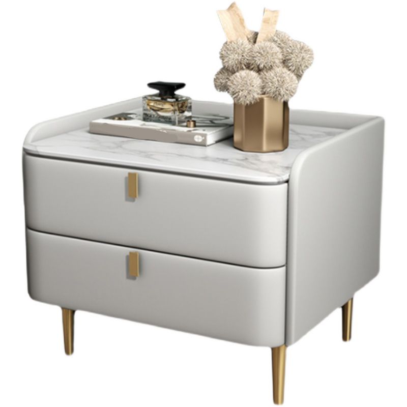 Stone Top Night Table with Drawers Leather Nightstand with 4 Legs