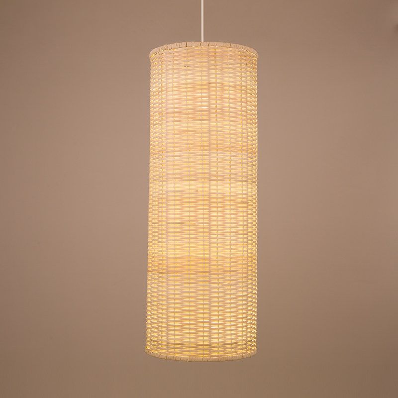 Minimalist Column Hanging Light Bamboo Rattan 1 Head Living Room Ceiling Pendant in Beige