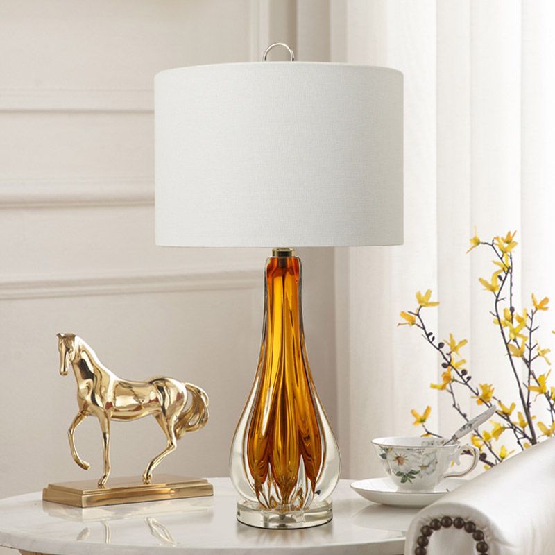 Fabric White Table Lamp Cylinder 1-Light Traditional Night Light with Blue/Gold Vase Base