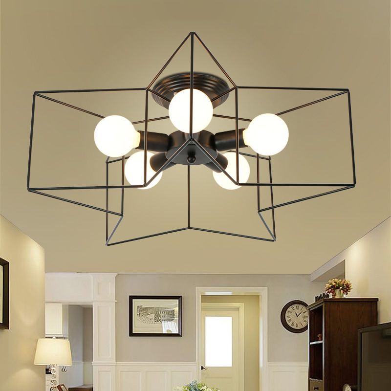 Black Star Semi Flush Mount in Industrial Retro Style Wrought Iron 5-Light Ceiling Light