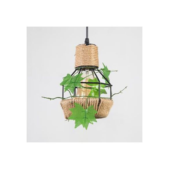 BEIGE 1 Light Hanging Lampy Style Country Metal and Rope Globe / Barrel Cage Pendant Lighting For Coffee Shop