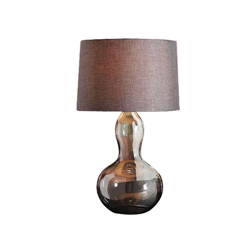 1 Light Drum Shade Nightstand Light Countryside Brown Fabric Night Lamp with Smoke Glass Gourd Base