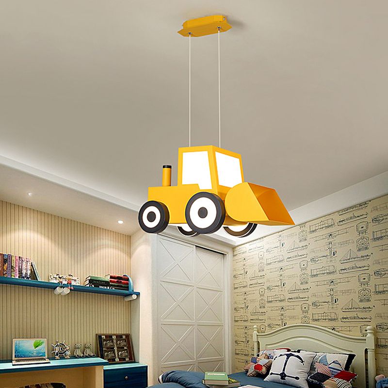 Cartoon Bulldozer LED Chandelier Lamp Metal Boys Bedroom Suspended Lighting Fixture