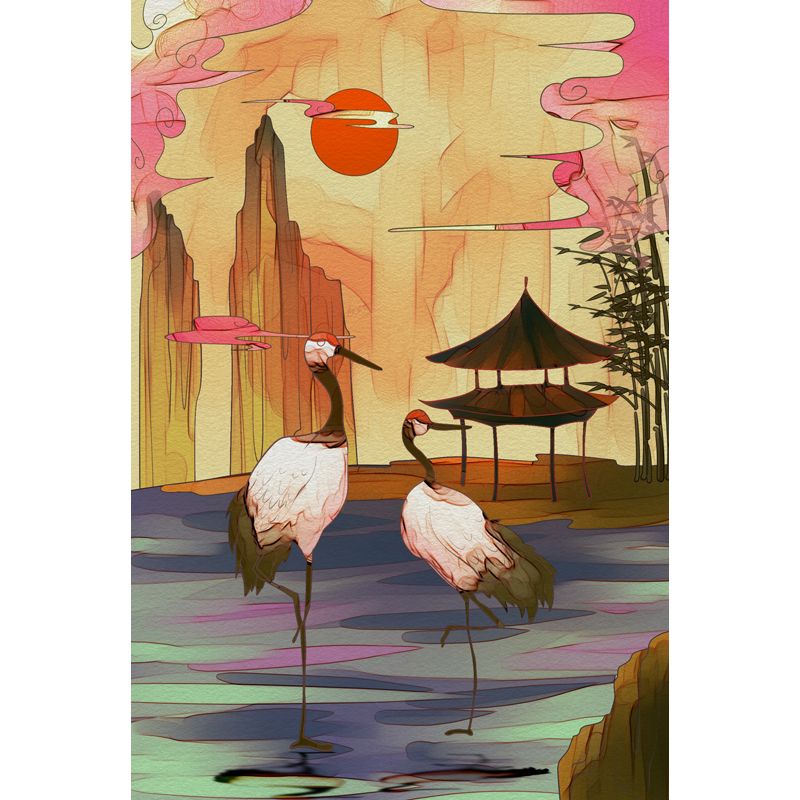 Chinese Halcyon Lake Scene Mural Yellow-Brown Moisture Resistant Wall Art for Tearoom