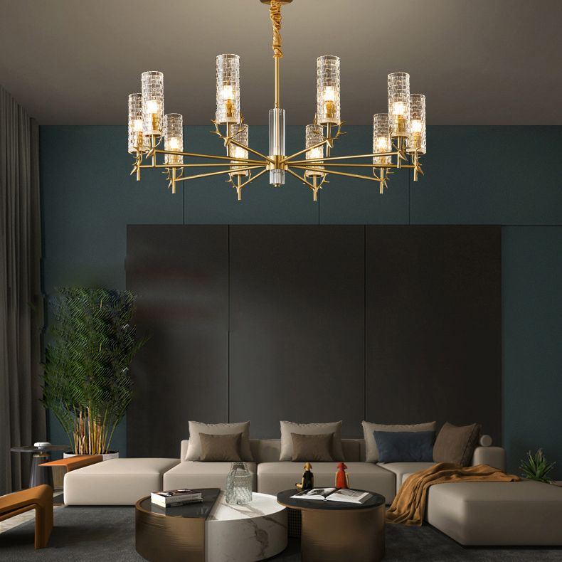 Luce a sospensione radiale oro luce cilindrica a sospensione in vetro trasparente per soggiorno per soggiorno