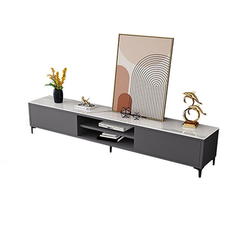 White and Black Slate TV Stand Open Storage TV Console with 2 Doors