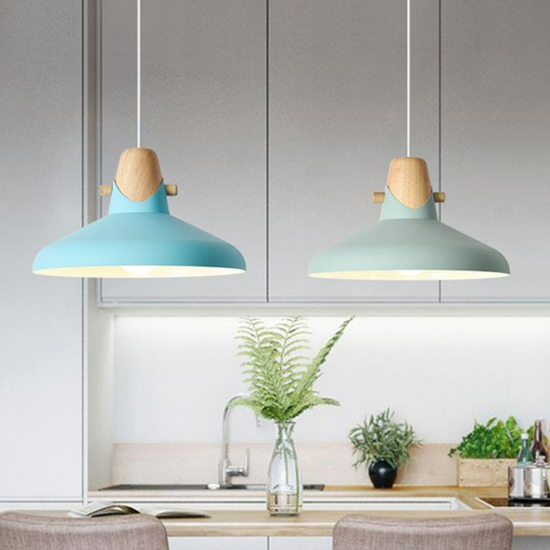 Tapered Restaurant Ceiling Hang Light Metal 1 Bulb Macaron Pendant Light with Wooden Decor