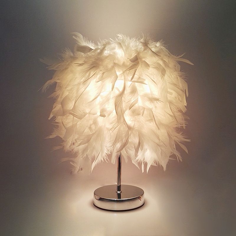 8.5"/10" Wide Ball Shaped Table Light Simple Feather Single Kids Room Night Stand Lamp in White/Chrome