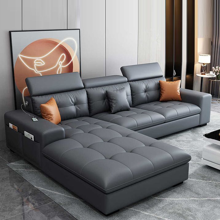 Modern Tufted Sofa & Chaise Recessed Arm Grey Faux Leather Sofa with Storage