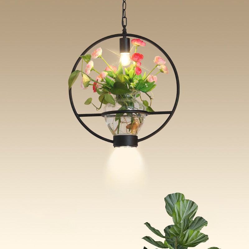 Black 1 Light Down Lighting Industrial Iron Circular/Rectangular Cage Drop Pendant with Clear Glass Plant Pot