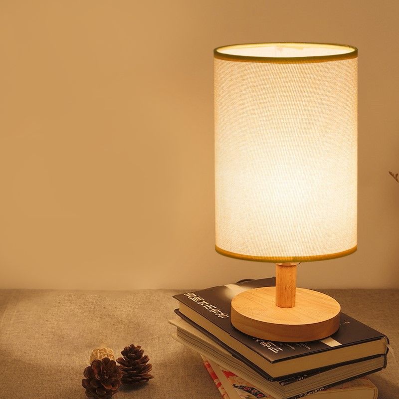 Fabric Cylinder Task Lighting Japanese 1 Bulb Reading Lamp in White/Flaxen with Wood Base