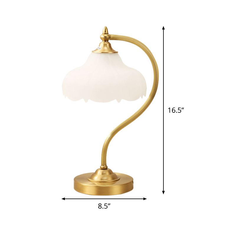 1-Head Living Room Table Lamp Post-Modern Brass Metal Night Lighting with Flower Opal Glass Shade