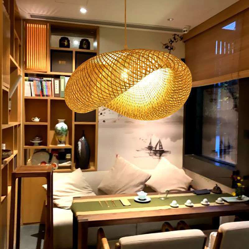 Log Color Geometric Pendant Light in Asian Style Bamboo Weaving Hanging Lamp for Commercial Place