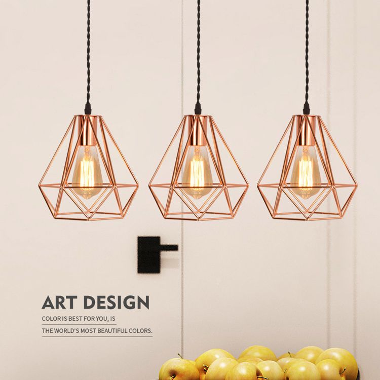 Diamond Cage Hanging Ceiling Light Simple Metal Dinning Room Pendant Lighting in Copper