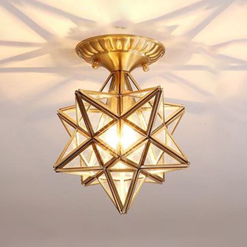 Glass Close to Ceiling Lamp Vintage-Style Brass Star Aisle Ceiling Lighting