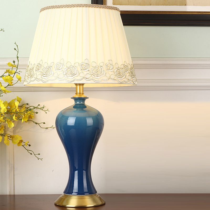 Modern Empire Shade Night Light Fabric 1-Light Bedside Table Lamp with Pottery Base in Blue