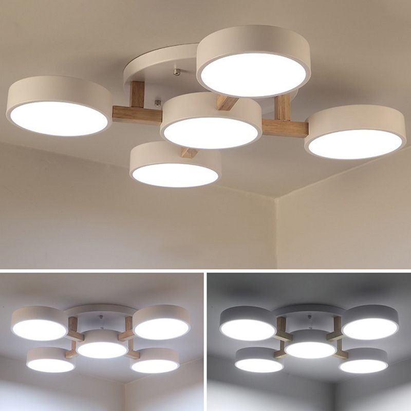 Houten sputnik led plafondlicht in moderne singulariteit smeedijzeren macaron flush mount met acryl schaduw