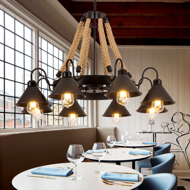 Conical Chandelier Light Fixture Industrial Rope Hanging Light for Restaurant