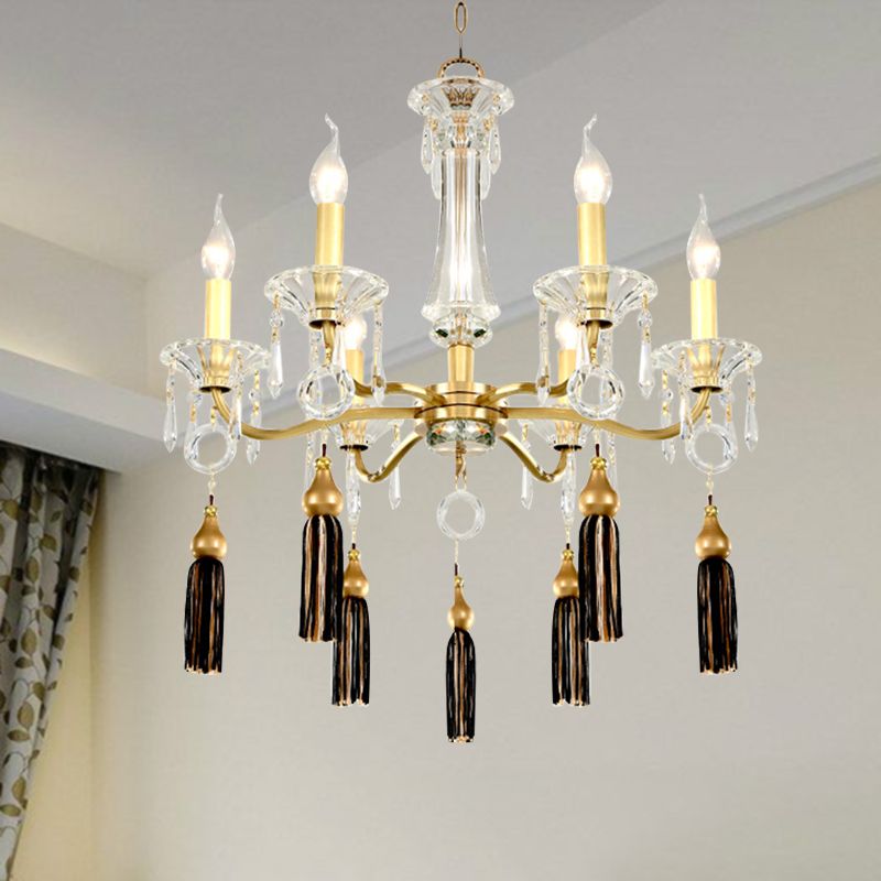 Clear Crystal Suspension Lamp Vintage 6 Heads Gold Hanging Chandelier with Tassel Decoration